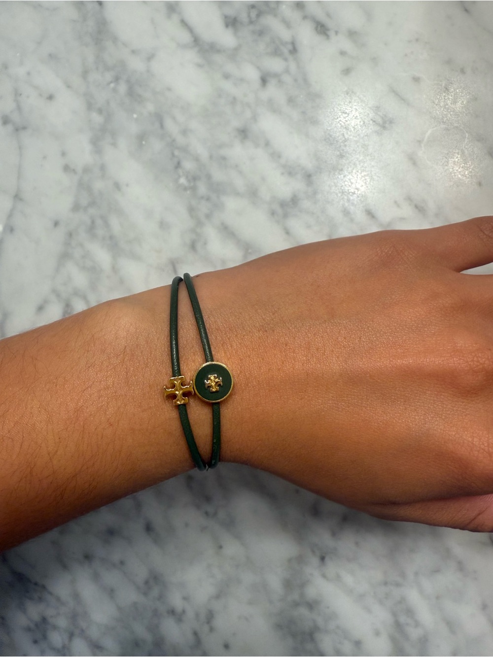 Tory Burch Dark Green Double-Strand Logo Cord Bracelet with Gold Accents